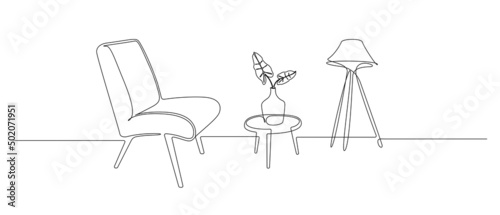 Continuous one line drawing of armchair and table with vase and floor lamp. Loft stylish furniture for living room or hotel concept in simple linear style. Doodle vector illustration
