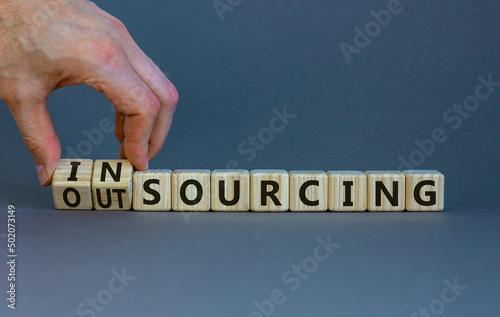 Outsourcing or insourcing symbol. Businessman turns wooden cubes and changes the word Outsourcing to Insourcing. Beautiful grey background. Business and outsourcing or insourcing concept. Copy space. photo