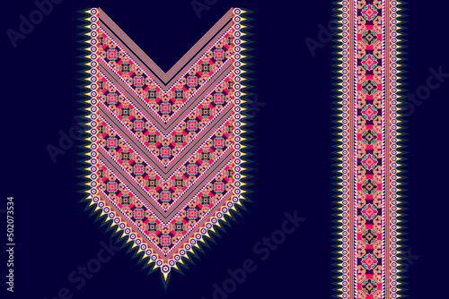 Geometric neckline embroidery. Ethnic oriental neck embroidery traditional floral design for women fabric fashion clothing. Necklace embroidery vector design.