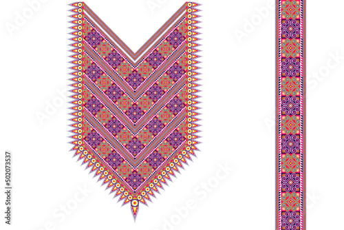 Geometric neckline embroidery. Ethnic oriental neck embroidery traditional floral design for women fabric fashion clothing. Necklace embroidery vector design.
