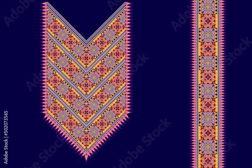 Geometric neckline embroidery. Ethnic oriental neck embroidery traditional floral design for women fabric fashion clothing. Necklace embroidery vector design.