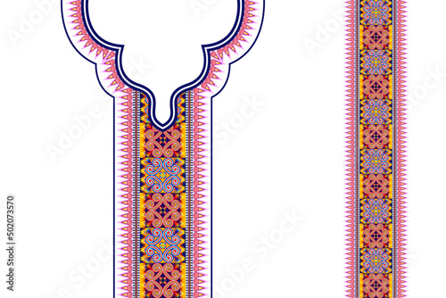 Geometric neckline embroidery. Ethnic oriental neck embroidery traditional floral design for women fabric fashion clothing. Necklace embroidery vector design.
