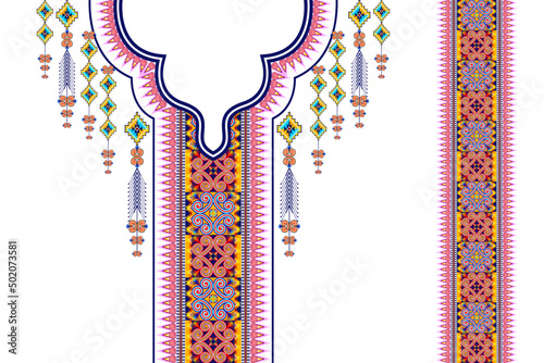 Geometric neckline embroidery. Ethnic oriental neck embroidery traditional floral design for women fabric fashion clothing. Necklace embroidery vector design.