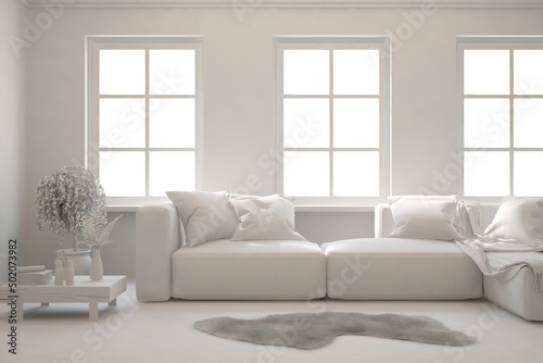 Mock up of minimalist living room in white color with sofa. Scandinavian interior design. 3D illustration