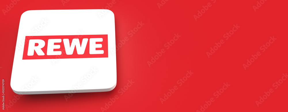 Logo of the German supermarket chain Rewe with red Copy space to the