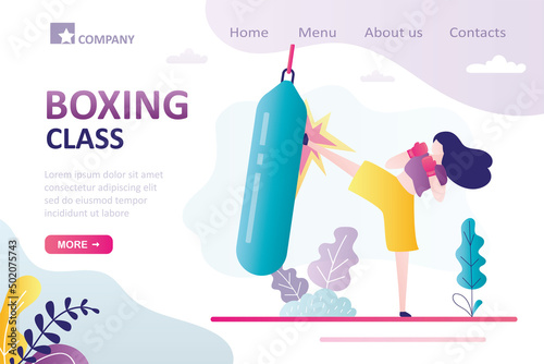 Boxing class, landing page template. Female character practicing punches on punching bag. Athletic woman practicing kicks before fight. Sporty girl engaged in physical activity.