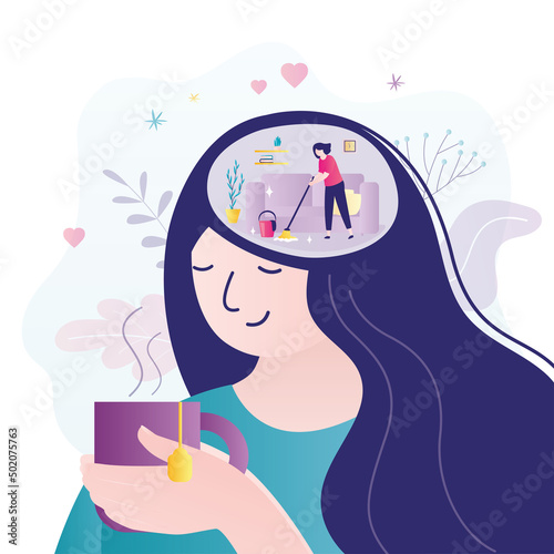 Female character rejoices in purified mind. Cleaning woman puts things in order in brain