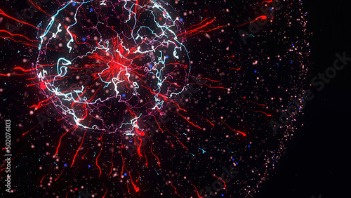 Beautiful star exploding and transforming into thousands of small objects and impulses icolated on black background. Animation. Beautiful rotating round figure. photo