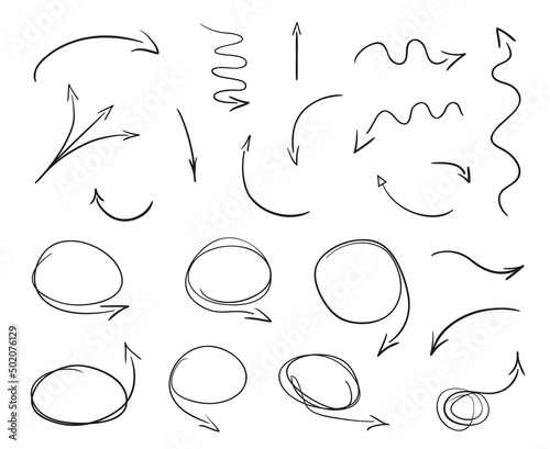 Hand drawn sketches on isolated background. Chaotic geometric shapes with hatching. Wavy tangled arrows. Black and white illustration. Elements for posters and flyers