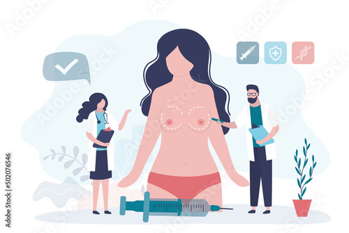 Team of plastic surgeons consulting girl before operation. Doctor marks place of breast implantation