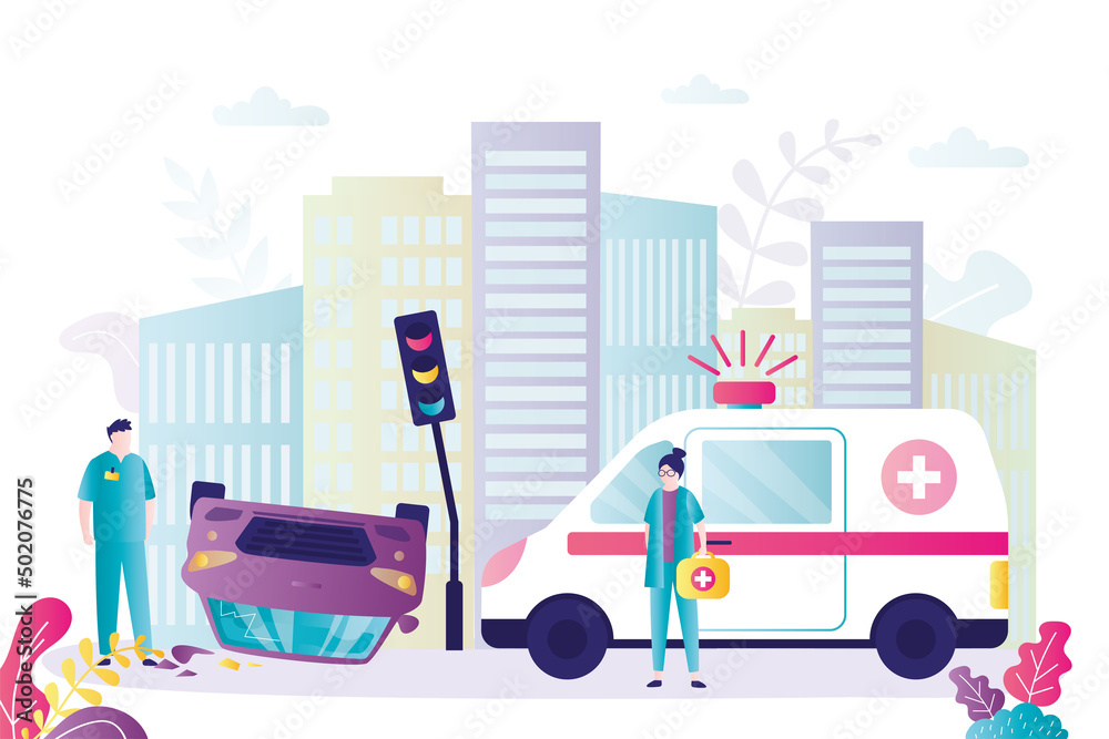 Naklejka premium Medical team arrived at scene of incident. Automobile accident in city center. Driver lost control of vehicle and car overturned