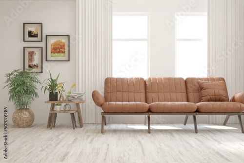 White living room with orange sofa. Scandinavian interior design. 3D illustration