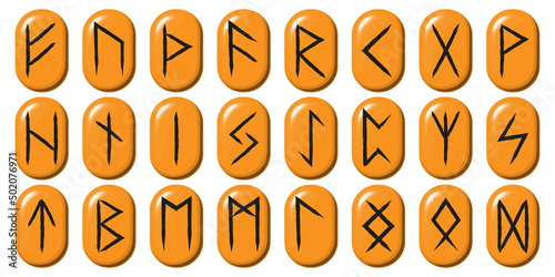 Esotericism. A set of 24 Scandinavian runes, hand-drawn on a base with glare and shadow. Vector illustration. A collection of elements for mystical, occult, magical design.