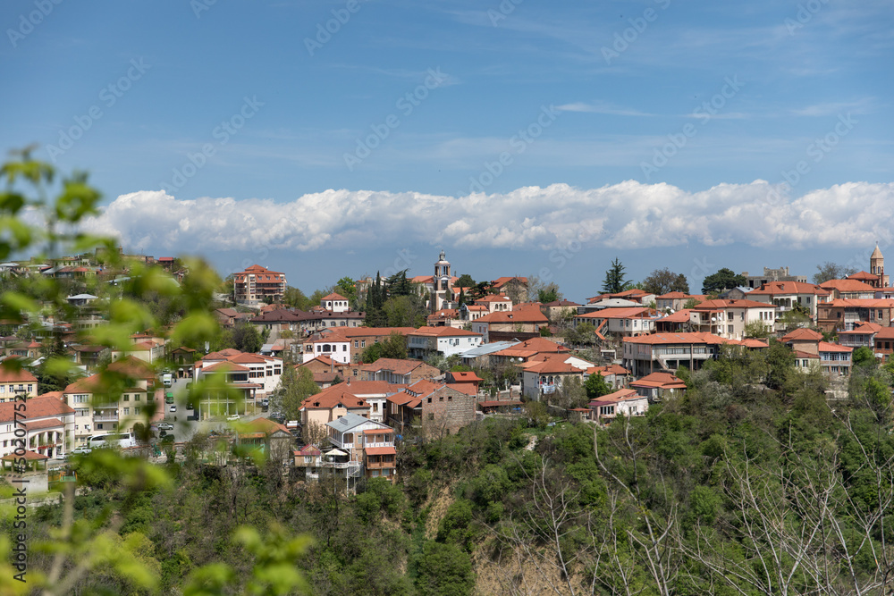 Brown roofs of residential buildings against the background of blue sky and clouds