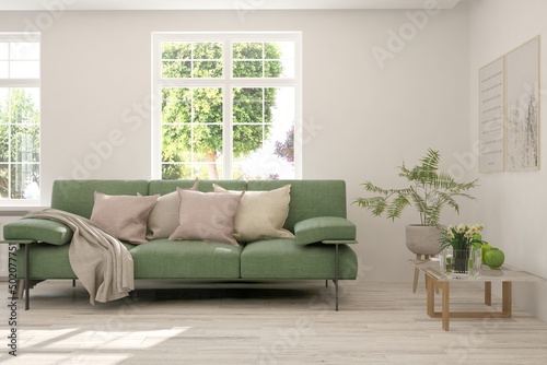 White living room with sofa and summer landscape in window. Scandinavian interior design. 3D illustration