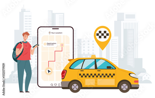 Online internet taxi service mobile app concept. Vector cartoon design element illustration