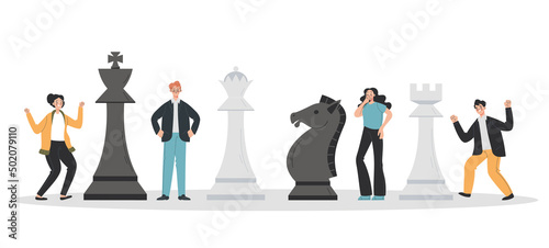 People man woman characters playing chess concept. Vector cartoon design illustration