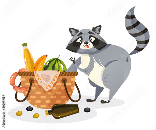 Hungry raccoon character steal food from basket concept. Vector cartoon design illustration
