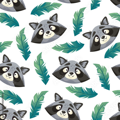 Racoon head muzzle seamless cover wrapping pattern. Vector cartoon design illustration