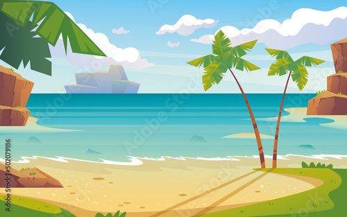 Sea beach landscape resort tourism summer banner poster concept. Vector cartoon design illustration