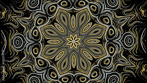Abstract kaleidoscopic pattern formed by many narrow colorful lines on black background. Animation. Floral abstraction with different symmetric shapes. photo