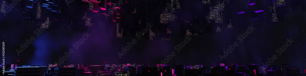 3d render of Cyber punk night city landscape concept. Light glowing on dark scene. Night life. Technology network for 5g. Beyond generation and futuristic of Sci-Fi Capital city and building scene. 3d render of Cyber punk night city landscape concept. Light glowing on dark scene. Night life. Technology network for 5g. Beyond generation and futuristic of Sci-Fi Capital city and building scene.