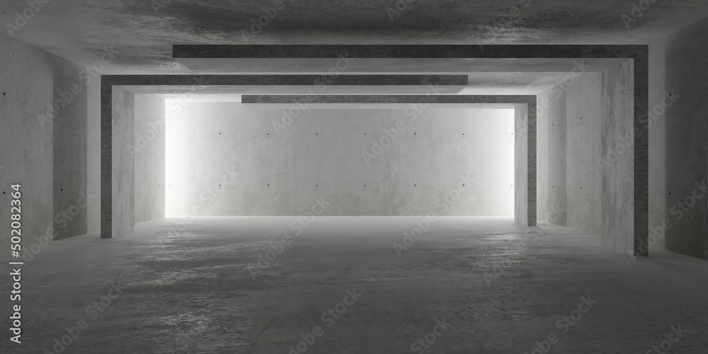 Abstract empty, modern concrete room with floating interlocking pillars and indirect light from the back wall and rough floor - industrial interior background template