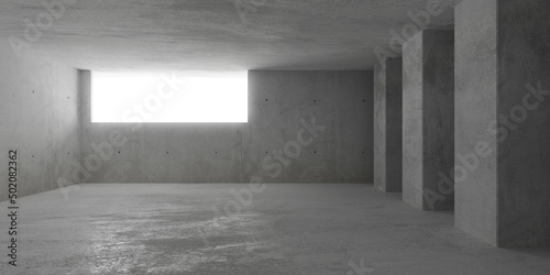 Abstract empty, modern concrete walls room with opening in the back wall and wide cement pillars and rough floor - industrial interior background template