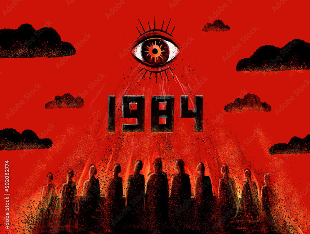 The eye of big brother over a burning crowd of people. A metaphor of dictatorship, totalitarian regime and propaganda. Raster illustration. - obrazy, fototapety, plakaty 