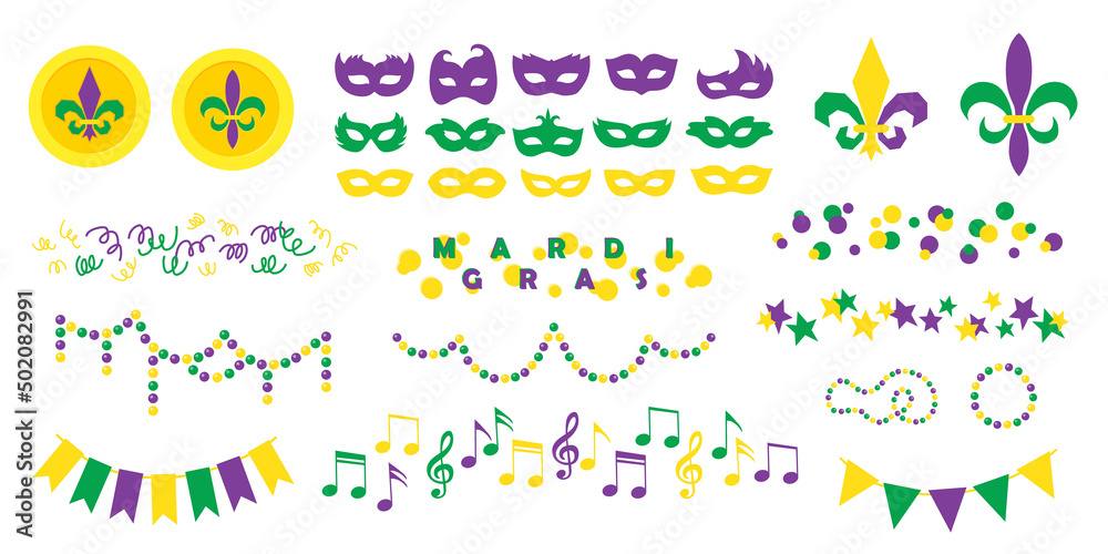 Mardi Gras carnival set of flat icons, separate festive elements for festival, masquerade. Masks, patterns, symbol and sign fleur de lis. Shrove Tuesday, Fat Tuesday, celebration and march parade. - obrazy, fototapety, plakaty 