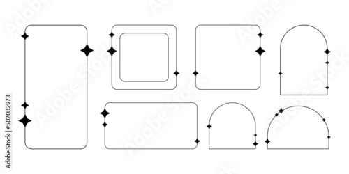 Black linear frames. Set of geometric frames with stars to create stylish and trendy design, decor, collage. Decorative vector line elements for text or photo placement for cards, postcards.