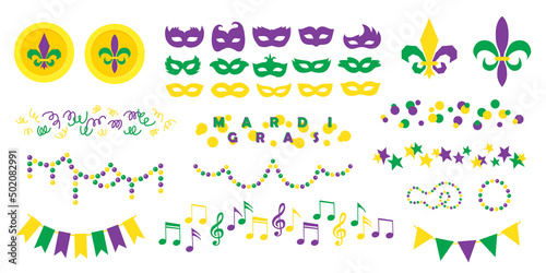 Mardi Gras carnival set of flat icons, separate festive elements for festival, masquerade Fototapet
