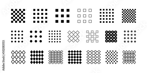 Set of simple square patterns - mesh, grid, lattice. Decorative elements in minimalistic memphis style. To create unique design, decor or collage, geometric patterns of circles, squares and rhombuses.