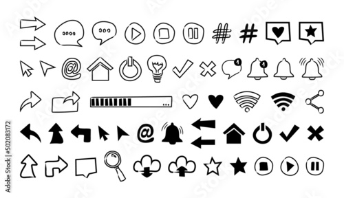 Set of icons for social networks. Hand drawn social media doodles. Collection of black simple elements for sites, web interface, applications. Vector doodle elements isolated on white background.