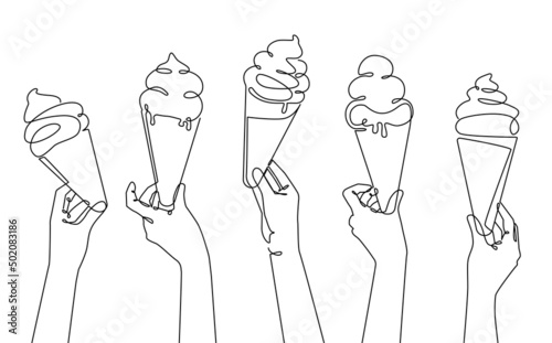 Set of Conical Ice Cream in Hands. Abstract Background with sweets. Continuous line drawing.
Vector illustration.
