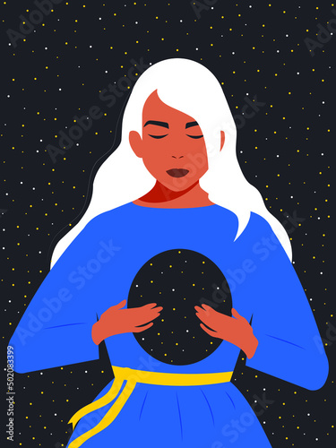 A sweet girl has emptiness and pain in her soul the size of space. Psychological mental health concept in modern flat style. Vector.