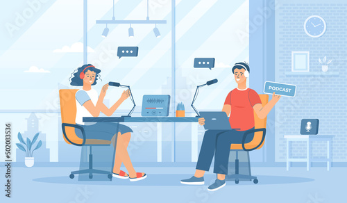 Recording audio podcast. Live streaming, broadcast, news, interview, talk show, blog. Man and woman with headphones talking to microphones. Flat cartoon vector illustration with people characters