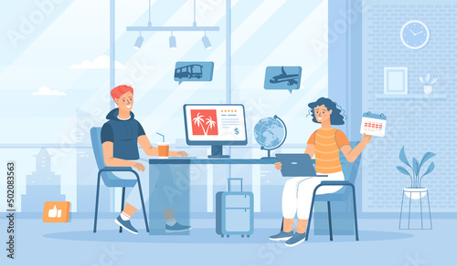 Travel agency, touristic service, tour operator. Company manager consulting client on the choosing vacation tour. Flat cartoon vector illustration with people characters for banner, website design.