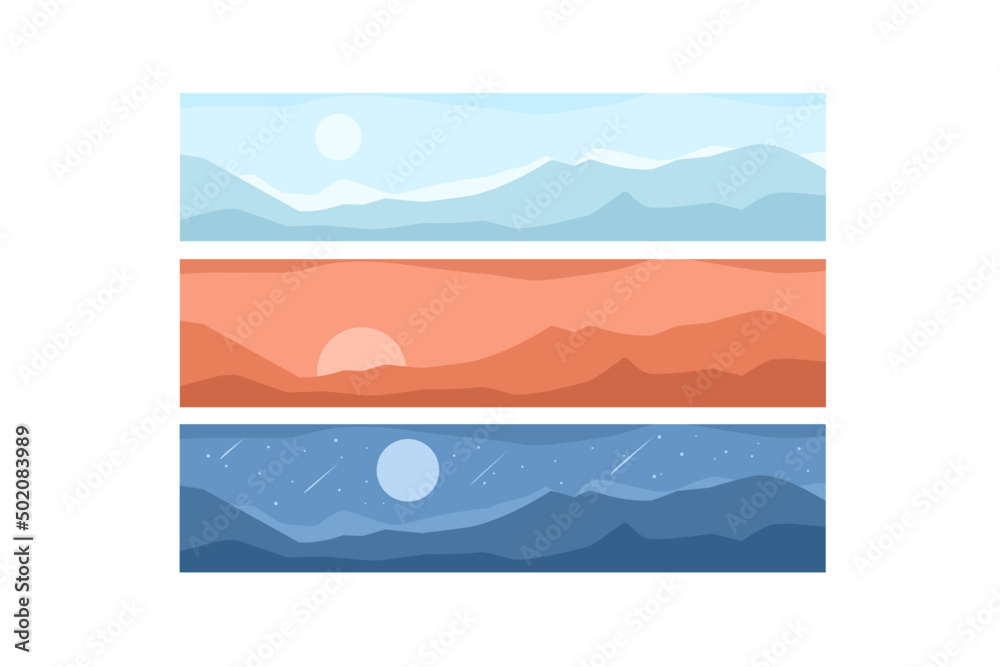 set of mountain landscape banners with flat design and with different time atmosphere