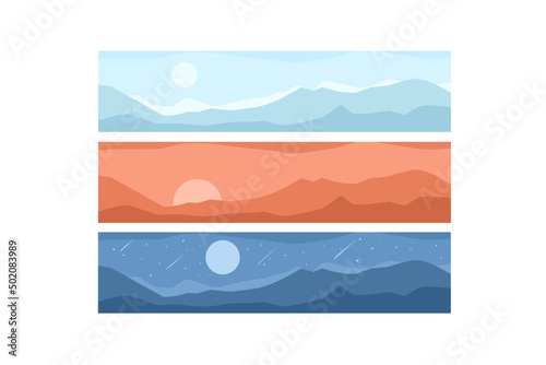 set of mountain landscape banners with flat design and with different time atmosphere