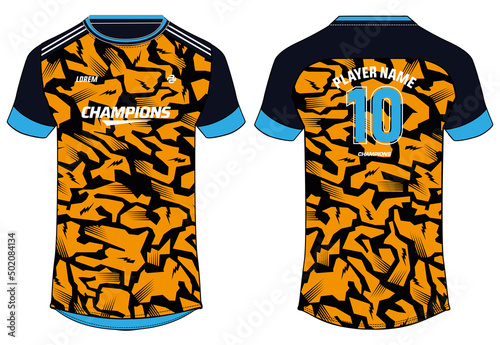 Camouflage Sports jersey t shirt design Flat sketch illustration, Round neck football jersey concept with front and back view for Cricket, soccer, Volleyball, Rugby, tennis and badminton uniform kit