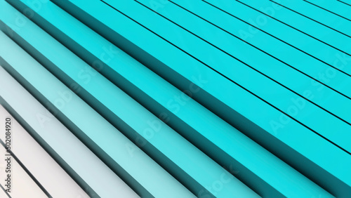 Diagonal 3D stripes of turquoise and white colors with gradient effect. Animation. Abstract geometric background with volumetric bars flowing diagonally, seamless loop.