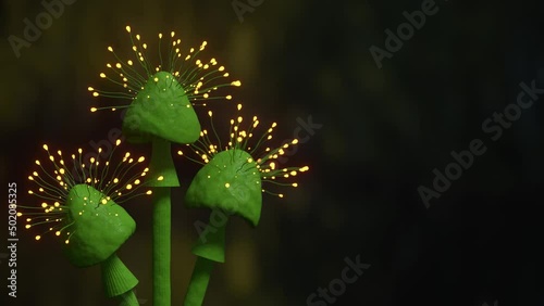 Glowing fantasy green mushrooms from the enchanted forest 3d loop animation 4K close-up