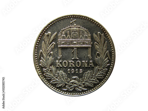 Obverse of Hungary coin 1 korona 1915. Isolated in white background. 
