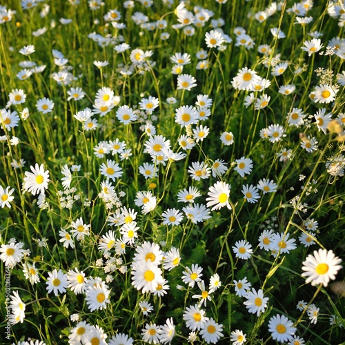 Wildflowers close-up. View of the blooming chamomile field. Floral pattern. Soft sunlight. golden hour. Sunset. Environmental conservation, gardening, alternative folk medicine, ecotourism