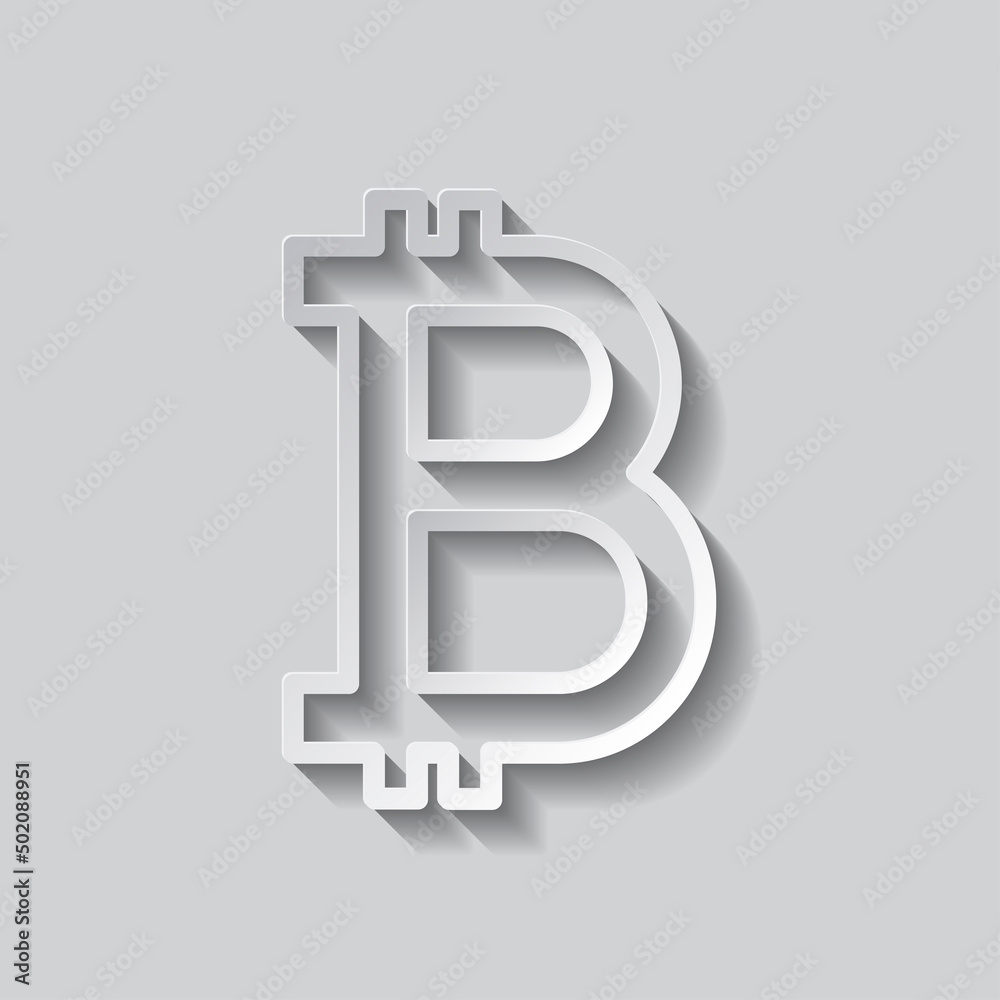 Bitcoin simple icon vector. Flat design. Paper style with shadow. Gray background.ai