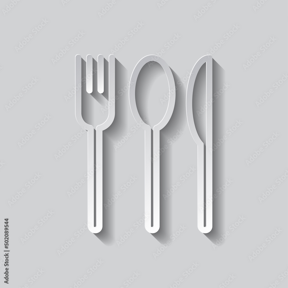 Fork spoon knife simple icon. Flat design. Paper style with shadow. Gray background.ai Fork spoon knife simple icon. Flat design. Paper style with shadow. Gray background.ai