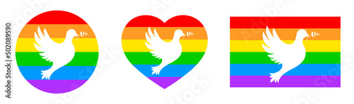 Happy pride month. Set of rainbow icons with white peace dove. Love is love, rainbow flag, lgbt pride. Heart-shaped and round logos. Human rights and tolerance