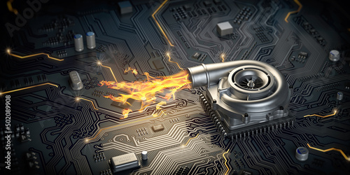 CPU microchip turbocharger with fire flame on computer motherboard. Processor overclocking concept background. photo