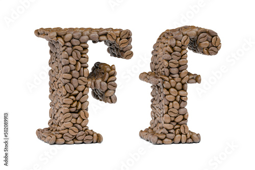 Letter F from coffee bean isoilated on white. Coffee alphabet font.